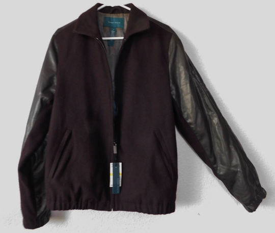 Perry Ellis Size M Men's Jacket/Classic Look Burgundy Brown Wool Blend Jacket/Brown Faux Leather Sleeve Jacket/New With Tags