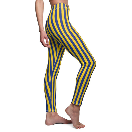 Yellow Blue Striped Leggings, Rams Stripe Stretch Pants, Womens Plus Size Leggings