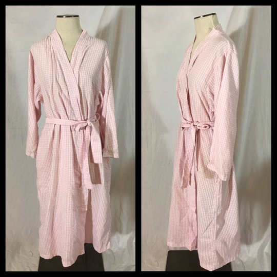 Charter Club Intimates Cotton Blend White & Pink Check Waffle Texture Wrap Front Robe Midi Length - Size Large