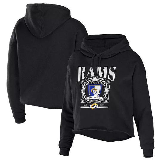 Women's WEAR by Erin Andrews Black Los Angeles Rams Cropped Sponge Fleece Pullover Hoodie, Size: XL