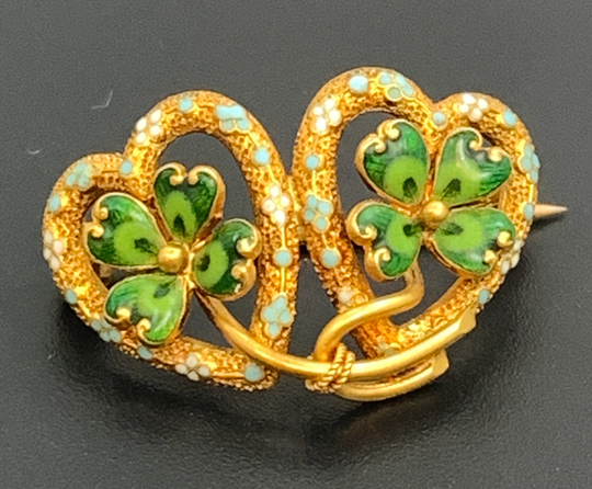Antique Art Nouveau 14Kt Gold Hearts & Clover Enamel Pin