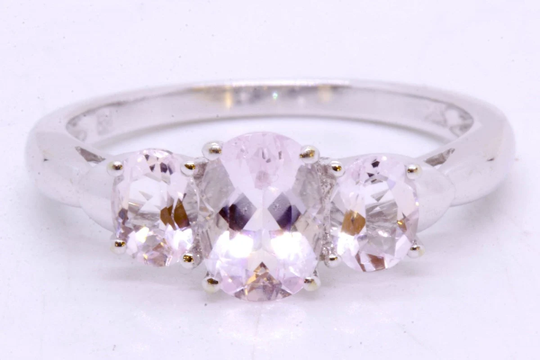 14K Solid White Gold Oval Cut Natural Morganite 3-stone Engagement Ring Size 7