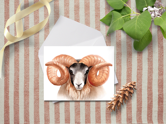 Large Horned Ram Card~Farmhouse Note Card~Rustic Animal Greeting Cards~Hello Sheep