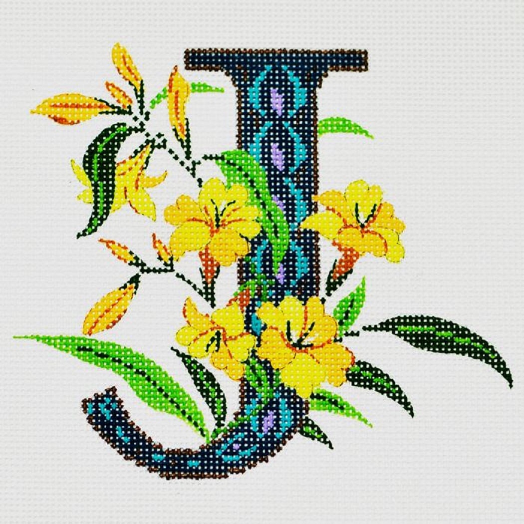 Needlepoint Handpainted Lee's Initial Letter J Jasmine 7x7 -Free Us Shipping