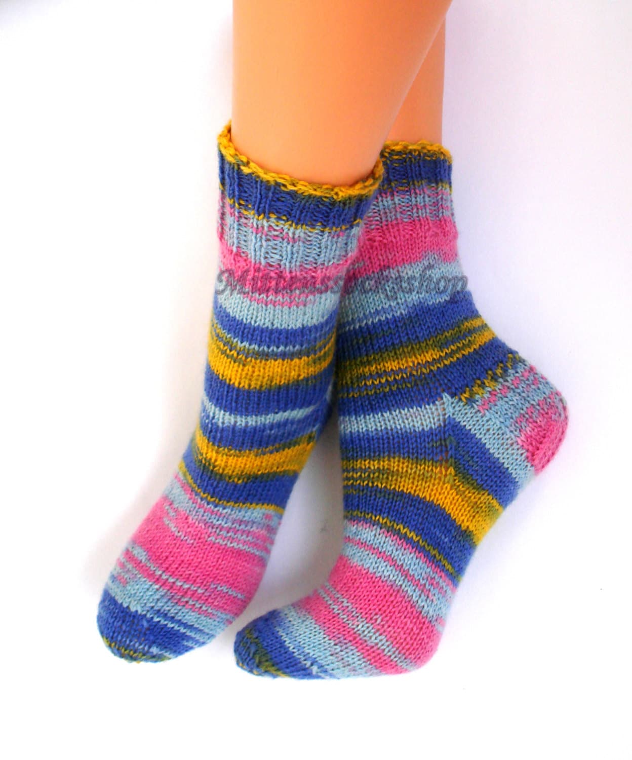 Blue Pink Yellow Hand Knitted Socks Women's Girl's Bright Striped Wool