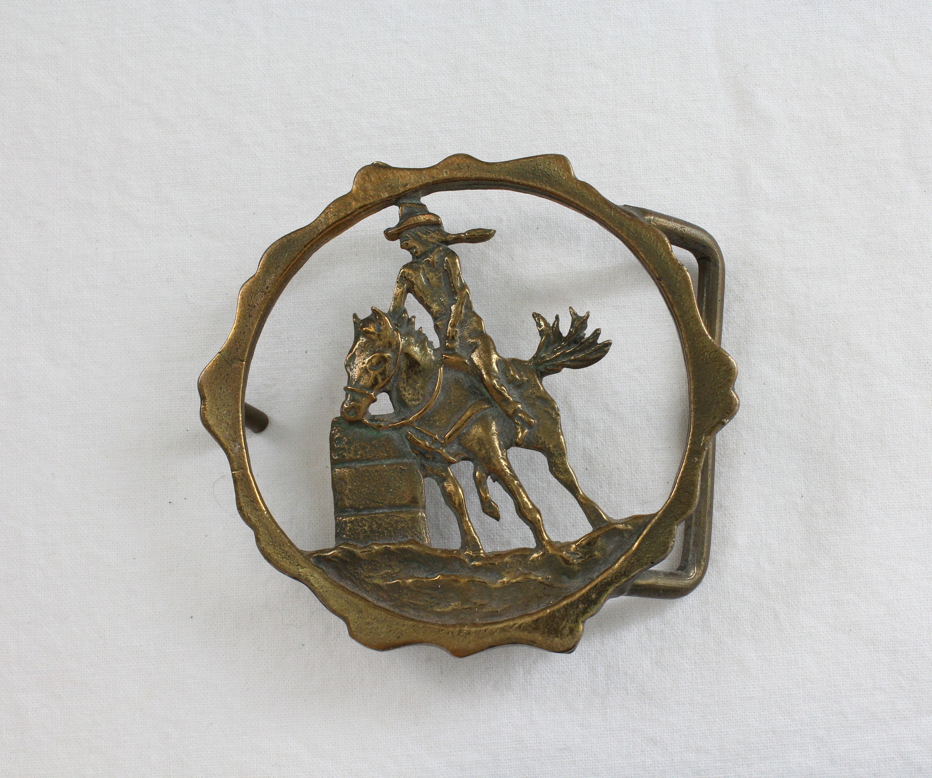 Vintage Barrel Racer Rodeo Cut Out Western Rams' Horn Solid Bronze Belt Buckle