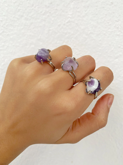 Raw Amethyst Silver Ring Healing Crystal Cuff Bracelet Bangle Birthstone February Gemstone