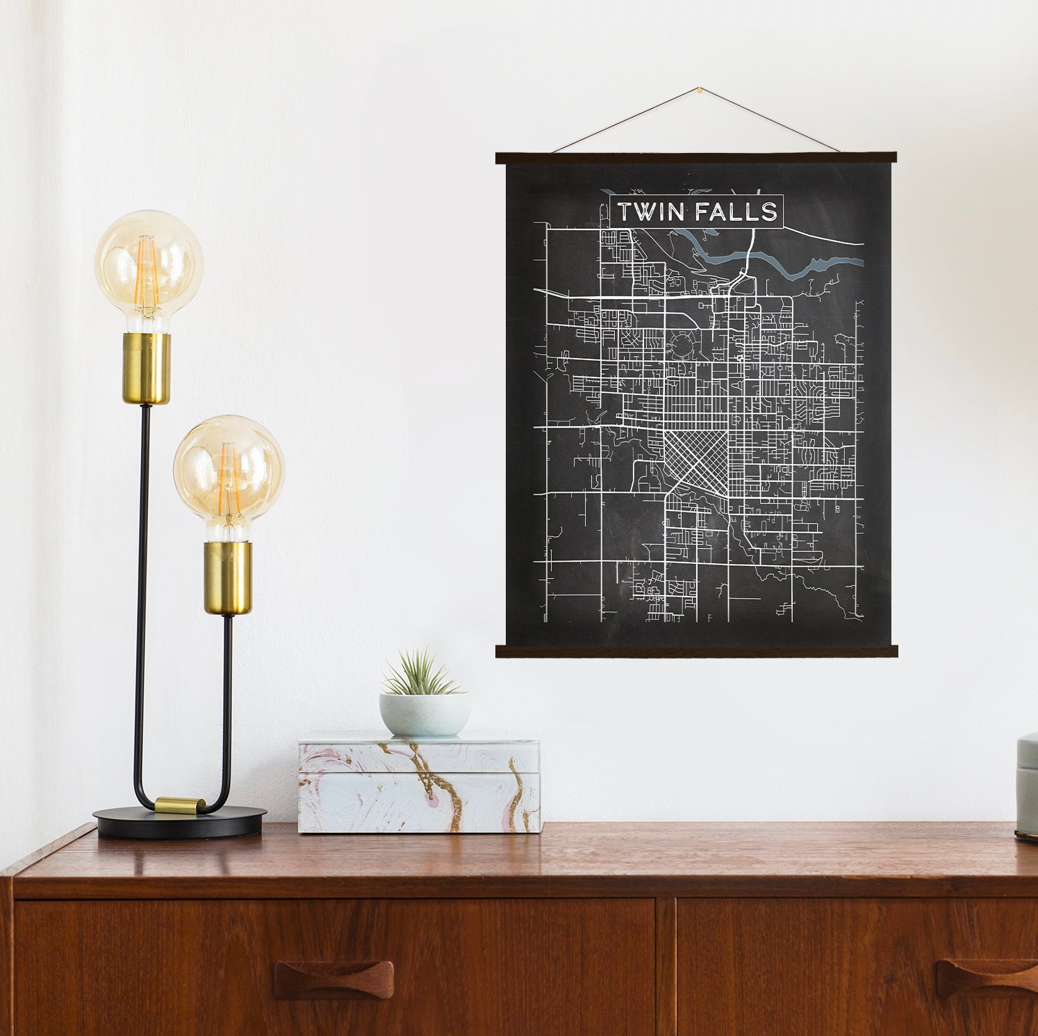 Twin Falls Idaho Charcoal Street Map | Hanging Canvas Of Printed Marketplace