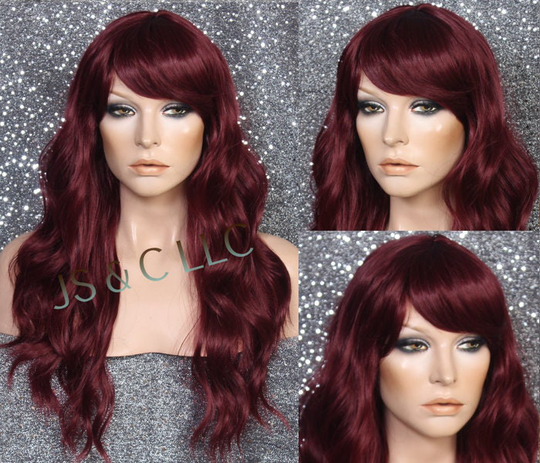 Human Hair Blend Wig Burgundylong Wavy Center Dot Crown Bangs Heat Ok Light Weight Med Coverage Costume/Theater/Cosplay