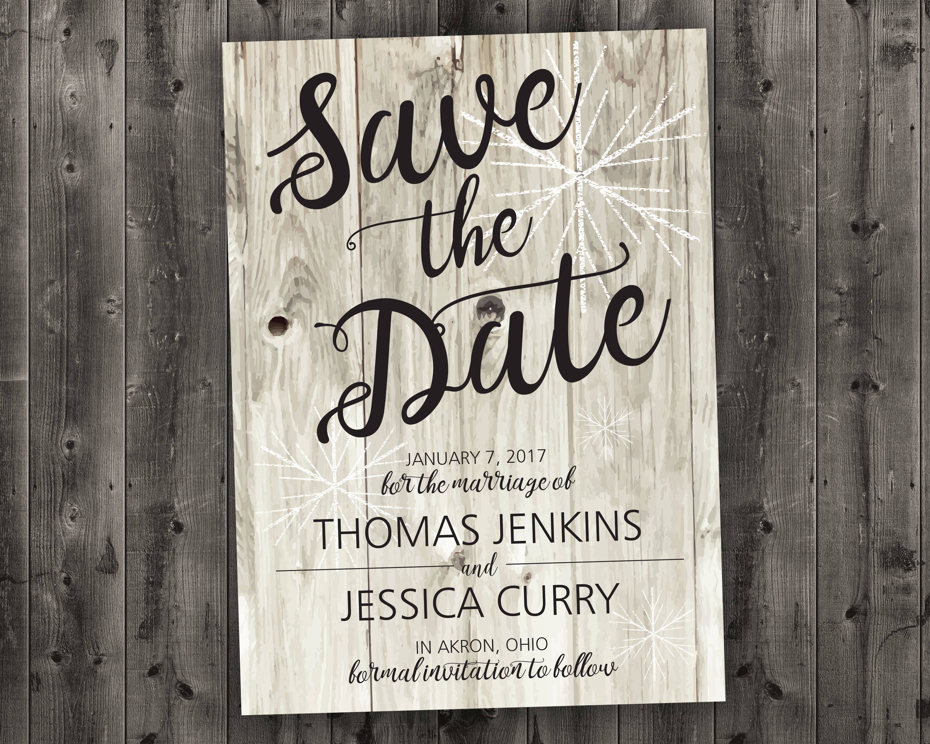Barn Wood Winter Wedding Save The Date Printed - Snow, White Wood, Rustic, Cheap, Woods, Affordable, December, January, Christmas