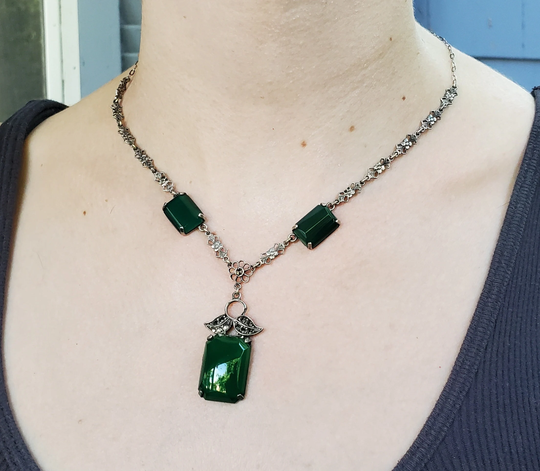 Art Deco Lariat Necklace, Marcasite Chrysoprase Antique Lariat, Women's Gift Jewelry