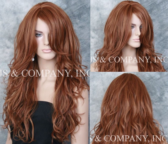 Auburn Mix Human Hair Blend Long Wavy Wig With Bangs For Everyday Wear Cancer/Alopecia/Theater/Cosplay/Club