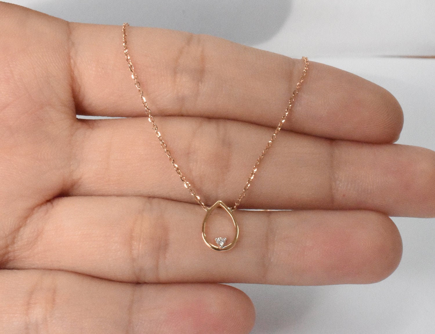 10K 14K 18K Gold Diamond Necklace/Open Pear Floating Pendant Bride Bridesmaid Gift Layering Minimal