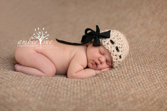 Crochet Baby Hat Girl Ribbon Handmade Photo Prop Bow Newborn Infant Toddler Child Neutral Beige