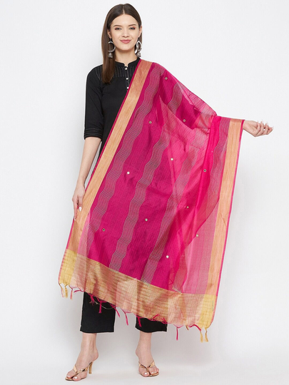 Women's Silk Blend Magenta & Beige Striped Printed Dupatta Beads & Stones Free Shipping