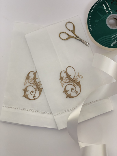 Linen Blend Hand Towel/Embroidered Monogrammed Personalized With Single Letter in Two Color Monogram