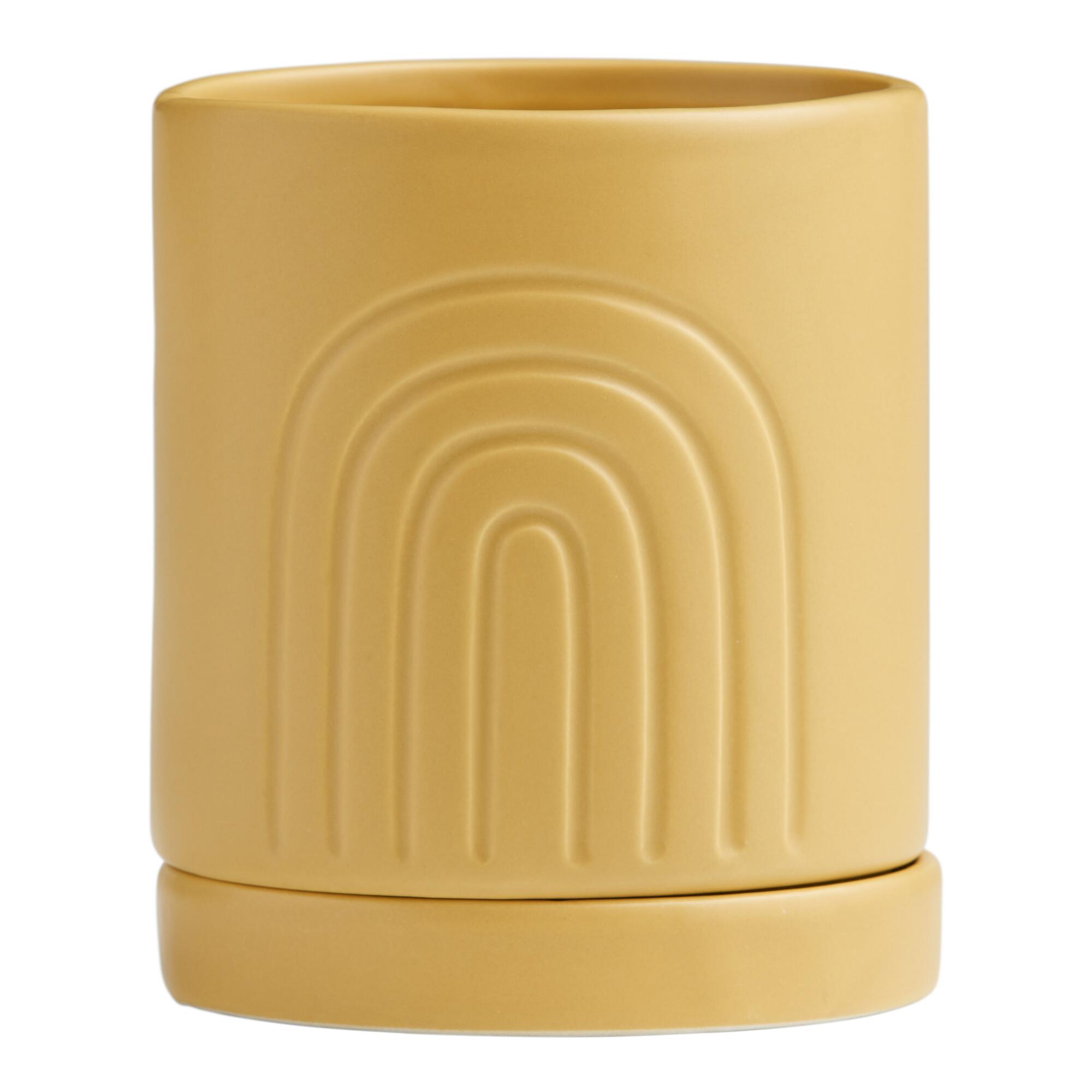 Matte Ochre Ceramic Arch Planter With Tray: Yellow by World Market