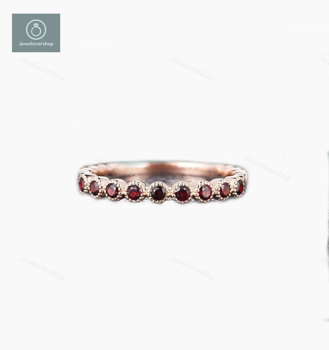 Red Garnet Wedding Band, Art Deco Ring, Half Eternity Sterling Silver Vintage Matching Anniversary Gift For Womens