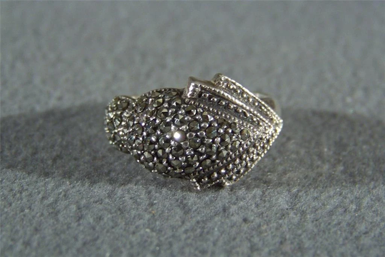Vintage Sterling Silver Huge Art Deco Style Multi Round Marcasite Fancy Bold Band Ring, Size 7
