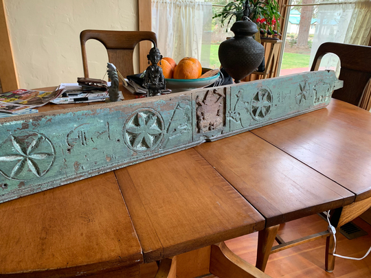 Hindu Carved Wood Panel Original Teal Paint, Birds, Ganesh, Deer Carving