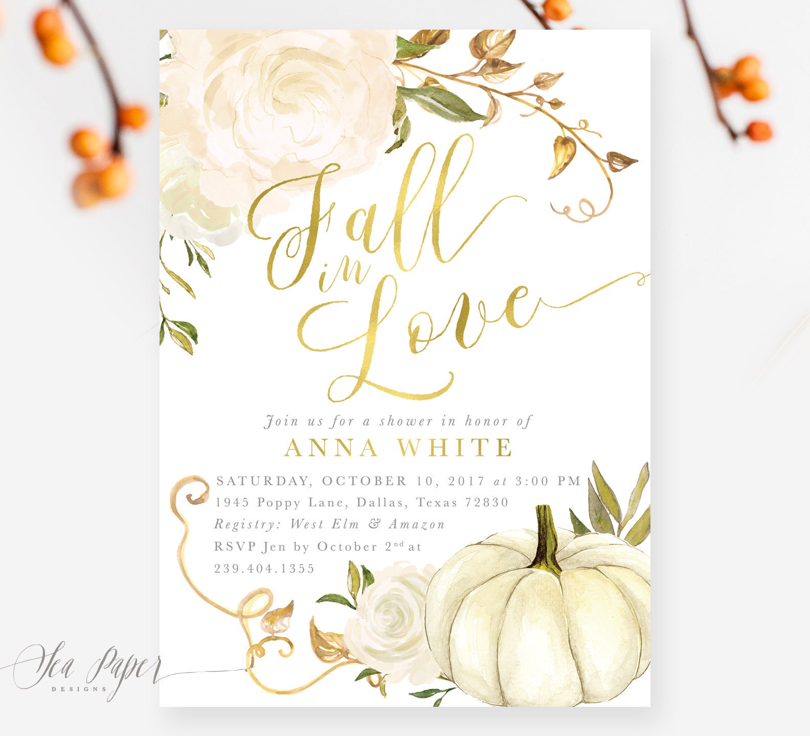 Fall Bridal Shower Invitation in Love, Autumn Invite, Pumpkin, Gold & White Roses, Printed Or Printable - Design 2