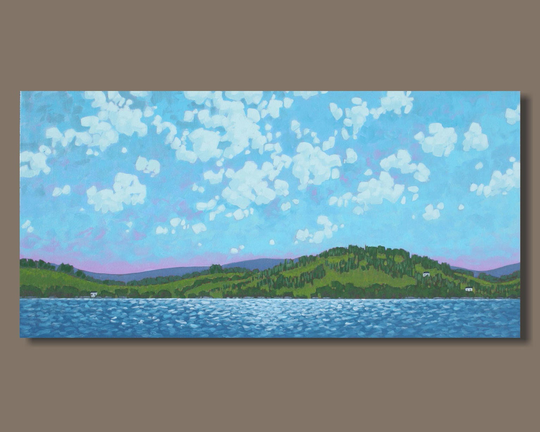 Coastal Nova Scotia Seascape Painting, Panoramic Ocean 18x36, Seaside Cloud East Coast Art, Canadian Art