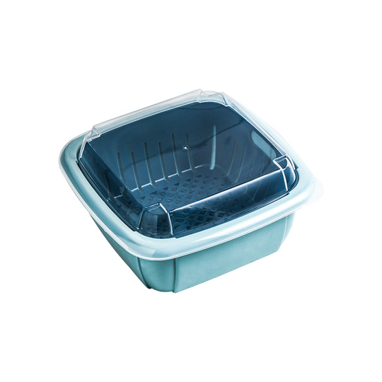 Double Layer Kitchen Fruits Vegetables Washing Drain Storage Basket with Lid - blue