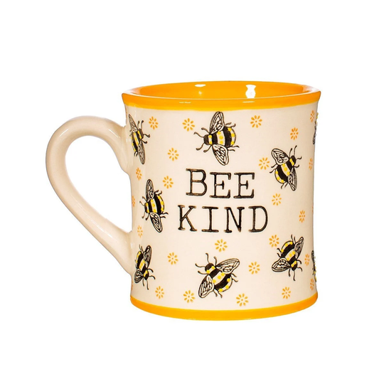 Yellow Bee Kind Mug With Handle Cup White Black Birthday Gift For Tea Coffee Lover Vintage Flowers Nature His Hers Clay China