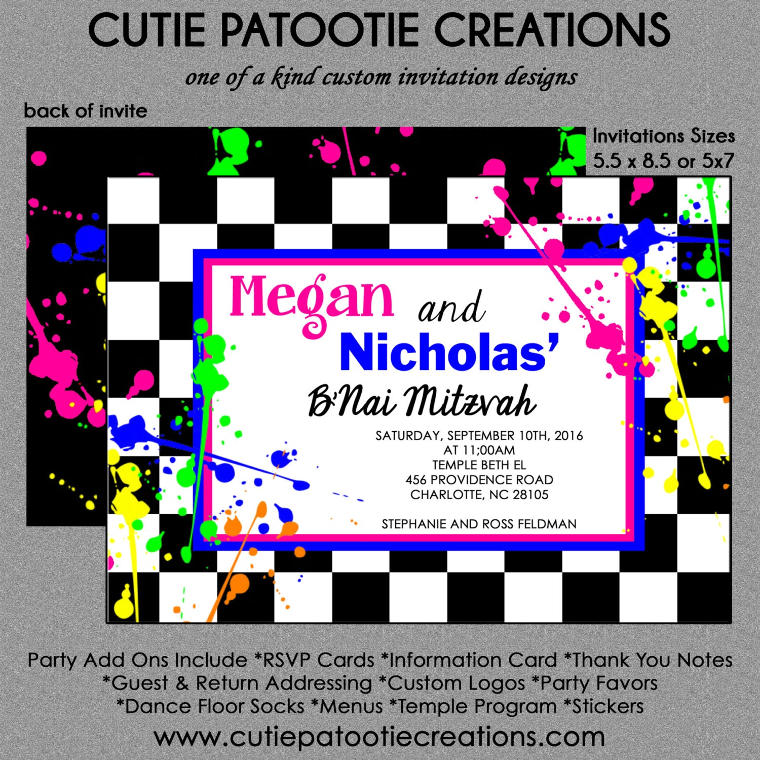 B'nai Mitzvah Invitations - Neon Paint Splatter Bar Or Bat Rsvp Reply Card Celebration Thank You Note