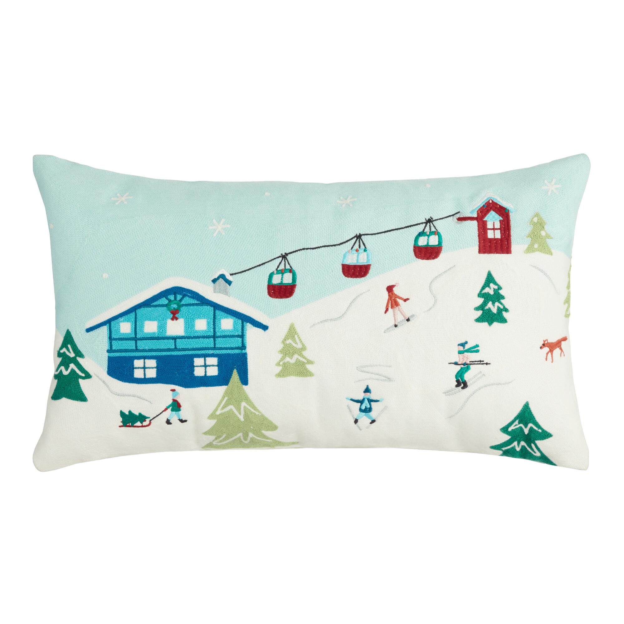 Ski Chalet Embroidered Lumbar Pillow: Blue/Multi/Cream - Cotton by World Market