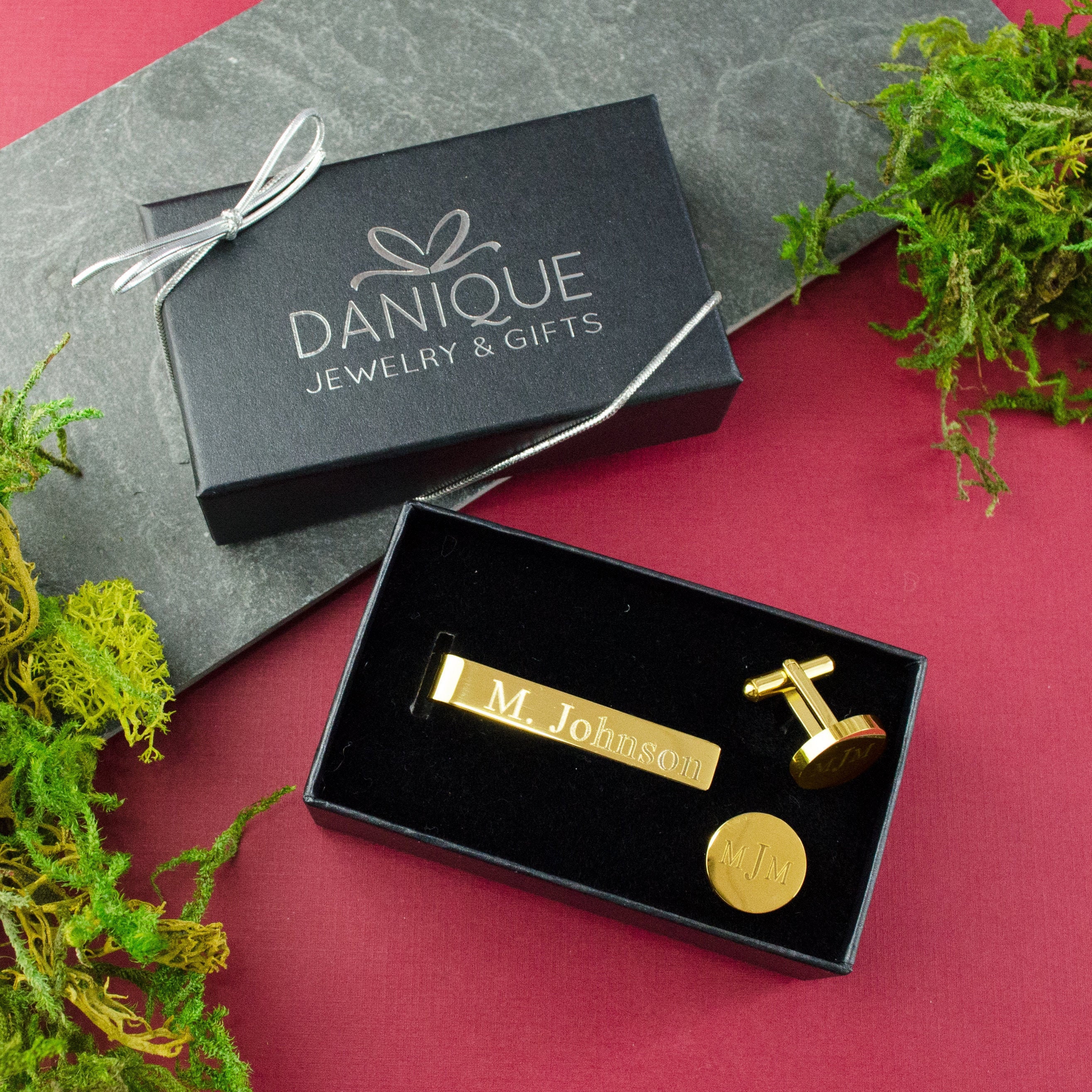Custom Set Of Personalized Tie Clip & Cufflinks Engraved With Initials Monogram Men Accessories Signature Father's Day Gift For Him