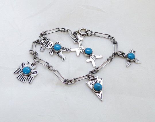 Southwestern Turquoise & Sterling Silver Charm Bracelet 7"L