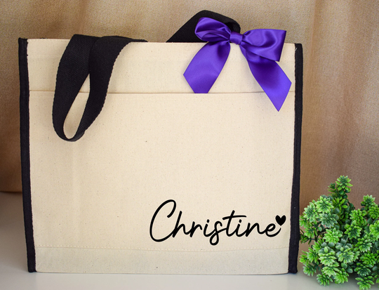 Personalized Name Canvas Tote Bag With Pocket | Birthday Gift For Bridal Party, New Bride, Wedding Bag, Bridesmaid Proposal