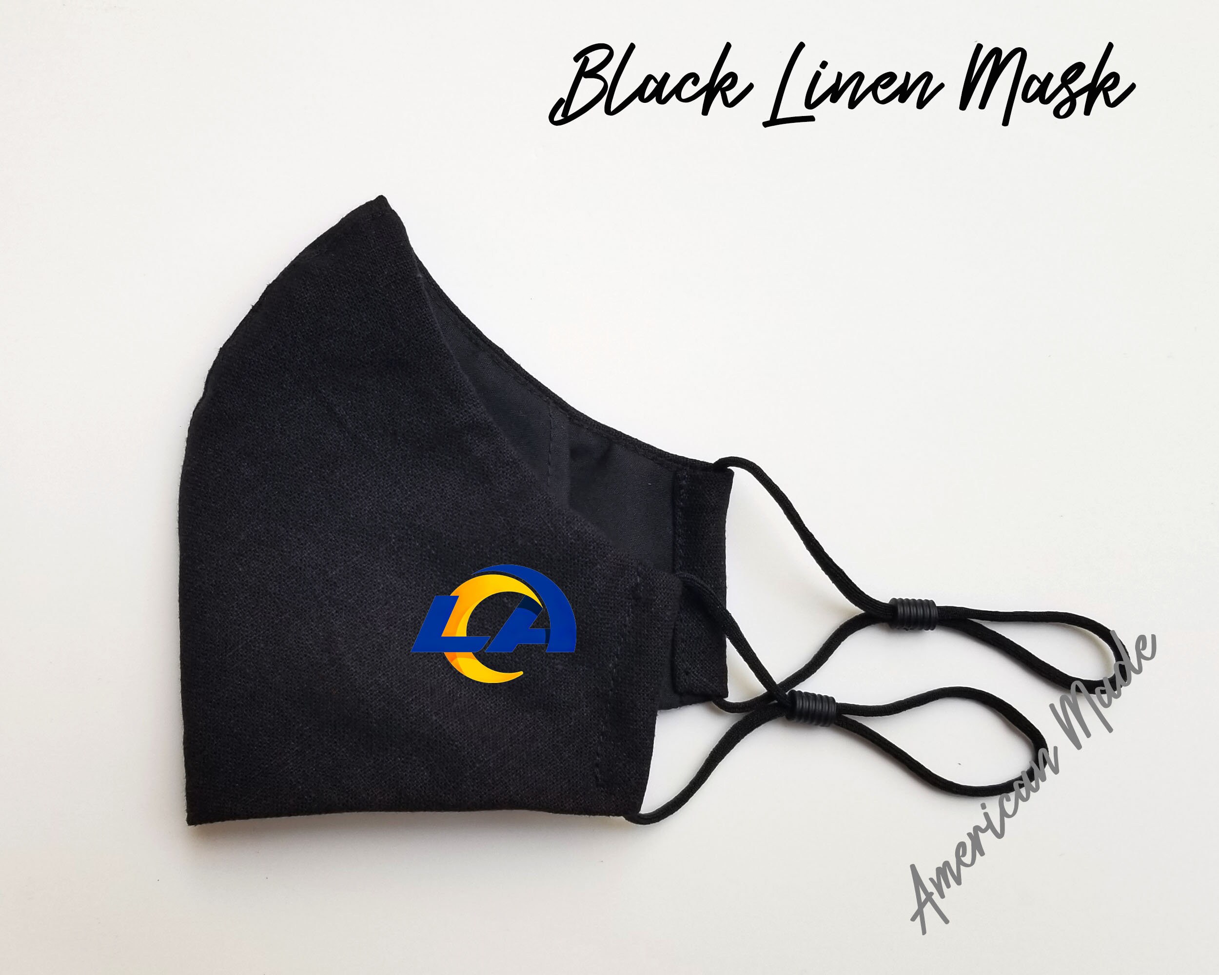 Los Angeles Rams Linen Face Mask Adults Washable Reusable with Adjustable Ear Loop & Filter Pocket, 3 Layers Football American Made