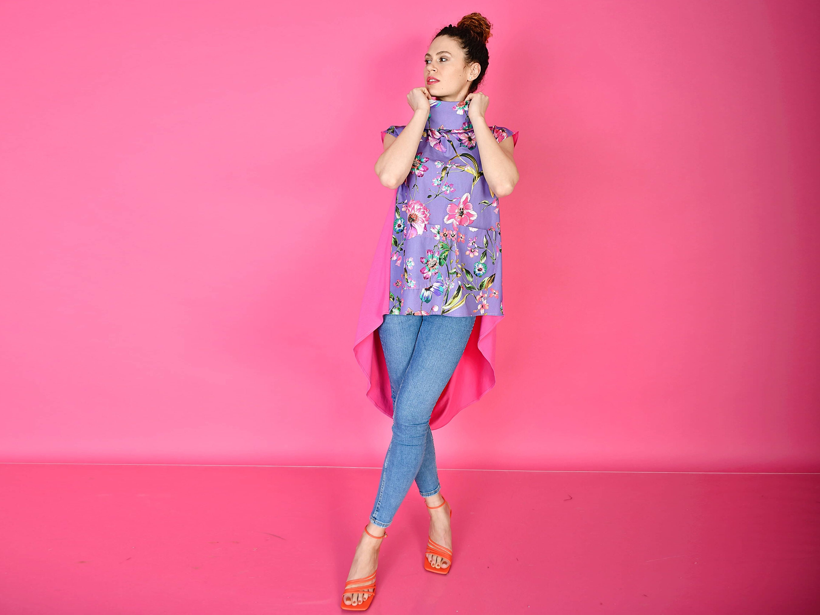 Pink Cotton Top/ Purple Summer Flowers High Neck Poplin Shirt/ Turtle Low Top