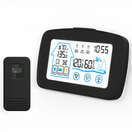 150M Wireless Weather Station Chargeable Room Thermomether Hygrometer with Weather Forecast Big Lcd Display - black