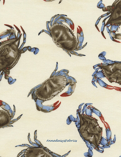 Blue Crab Fabric, Timeless Treasures C7504, Chesapeake Crabs Quilt Nautical Food, Seafood Cotton