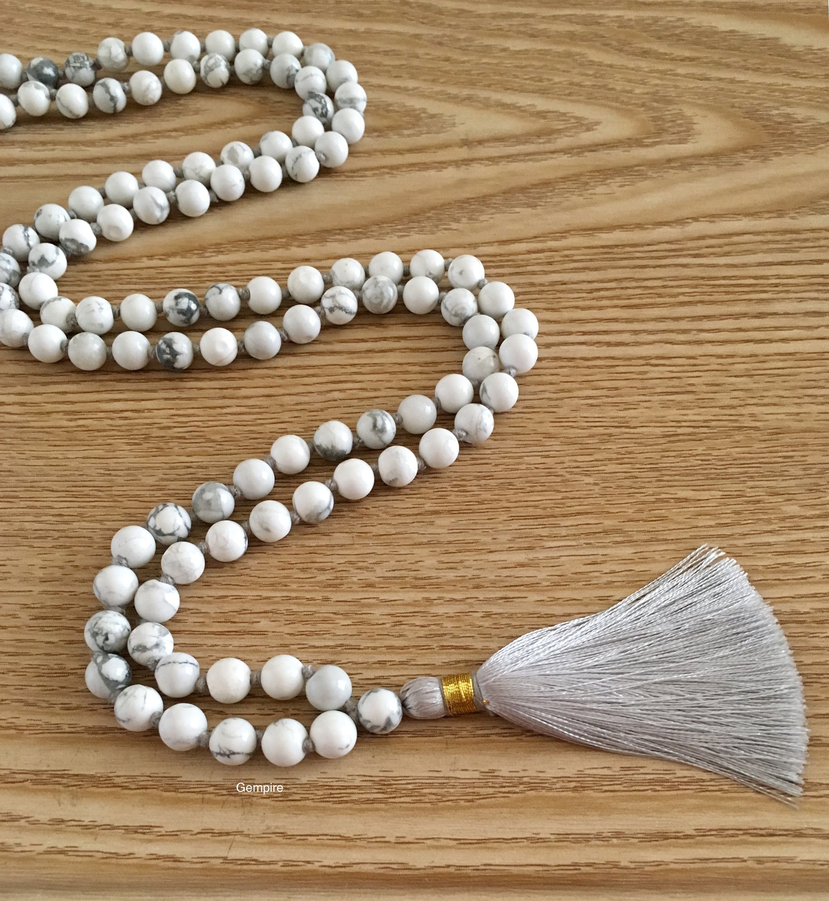 Howlite Mala Necklace 8 Mm, Knotted 108 Beads, White Gemstone Necklace, Tassel Mala, Meditation Prayer Beads