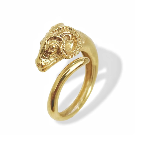 Ram Ring, 18K Solid Gold Goat Head Ancient Greek Jewelry Replica, Aries Zodiac, Woman's Statement Ring