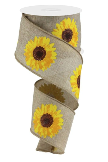 2.5" X 10 Yd Bold Sunflower On Royal Burlap Wired Edge Ribbon