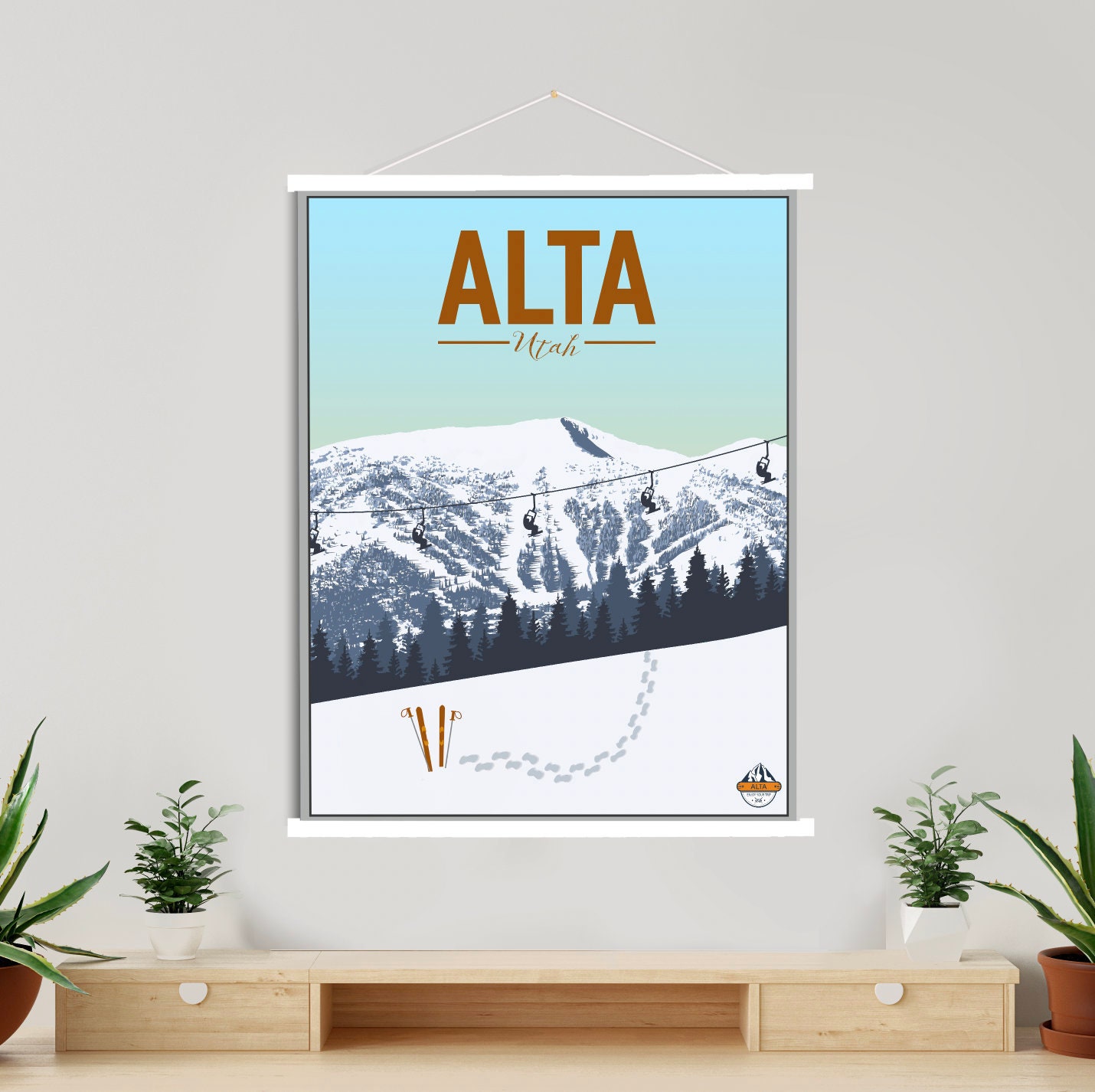 Alta Utah Modern Illustration Print | Hanging Canvas Of Ski Resort Printed Marketplace