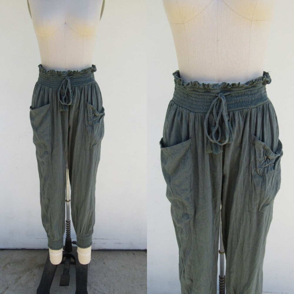 90S Y2K Dark Sage Cotton Blend Easy Pants | Harem Genie High Waist Boho 26 To 30