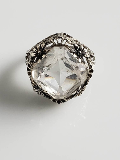 Art Deco Glass Stone Filigree Sterling Silver Ring