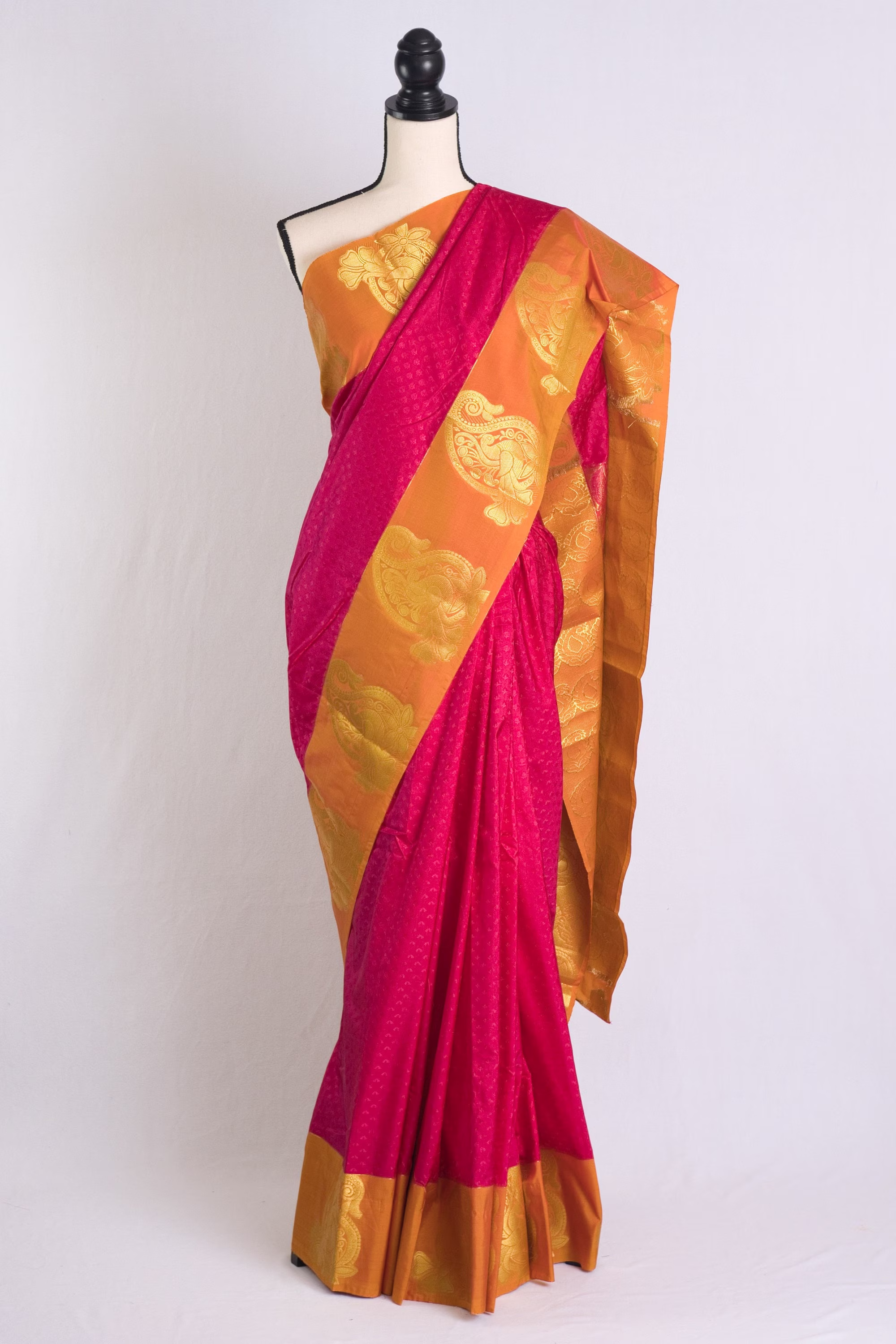 Blended Silk Kanjivaram Saree in Hot Pink & Orange | Bengal Looms