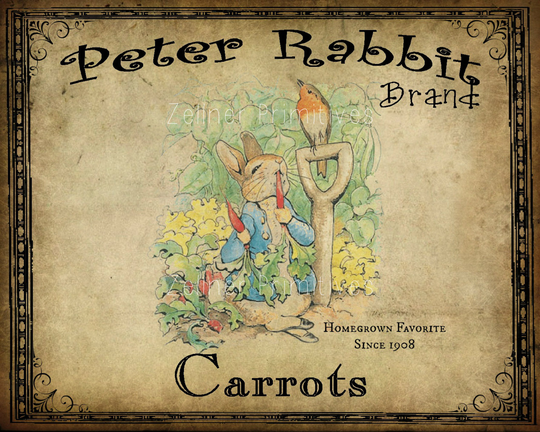 Peter Rabbit Brand Carrots/Print Adhered To Wood Complete With Vintage Tin Wire Hanger Three Sizes To Choose From 4x5, 5x7 Or 8x10