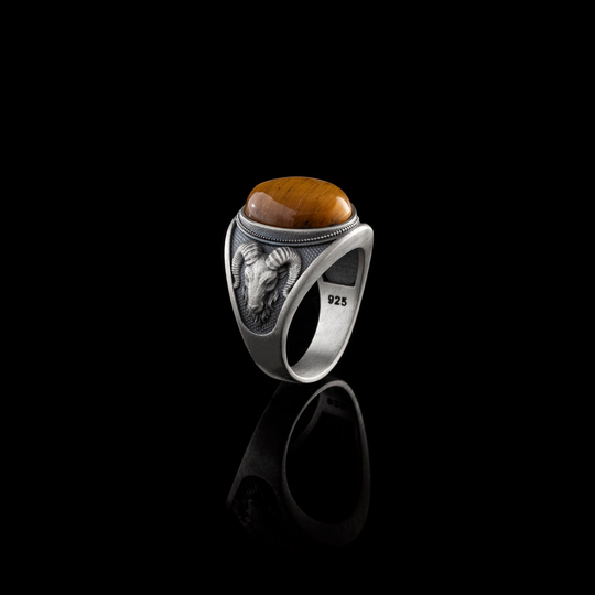Tigers Eye Ring, Ram Head Silver Men Stone Gemstone Ring Aries Man Zodiac Gift For Christmas