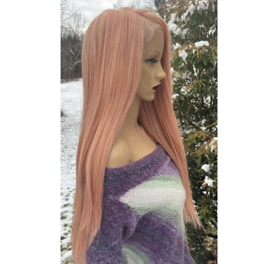 Long Straight Peach Human Hair Blend Front Lace Daily Wig./Cosplay Party