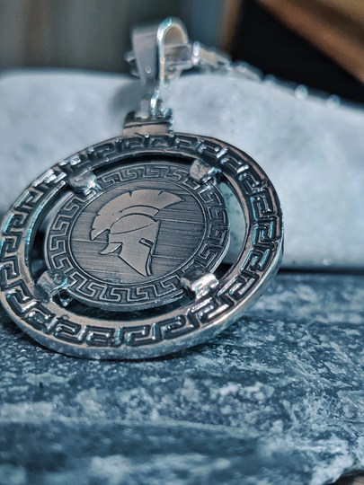 Spartan Helmet Pendant/Meander Pattern & Shield Silver 925 Handmade By Meanderart Ancient Greek Jewellery