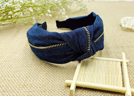 Dark Blue Denim Knot Headband With Metal Zipper, Denim Knotted Headband, Stylish Fashion Hairband, Wide Headband, Metal Zipper