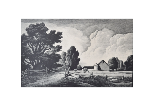 Antique Engraving By Thomas Nason Titled "Little Farm" Wood Farm Barns Horses